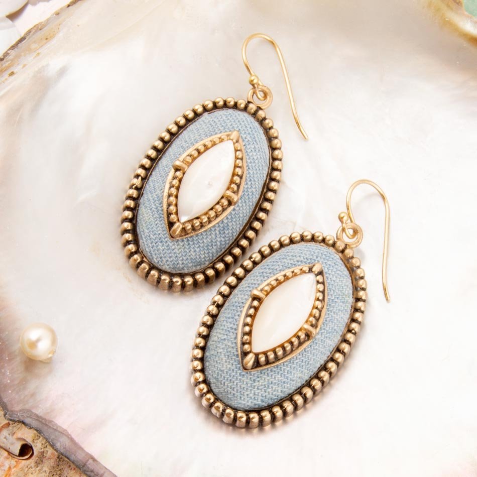 Barse Blue Denim Dreams White Mother of Pearl Golden Drop Earrings