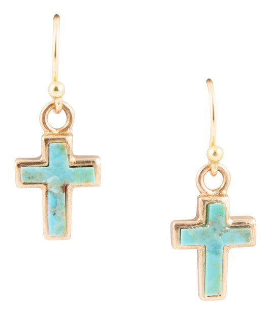 Barse Touch of Blue Turquoise Golden Cross Drop Earrings