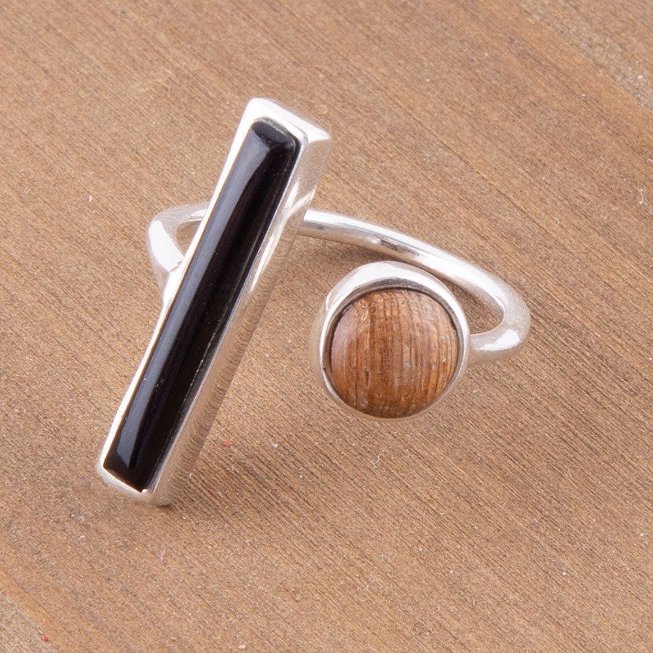 Barse Brown Wood and Black Onyx Size Adjustable Sterling Silver Ring