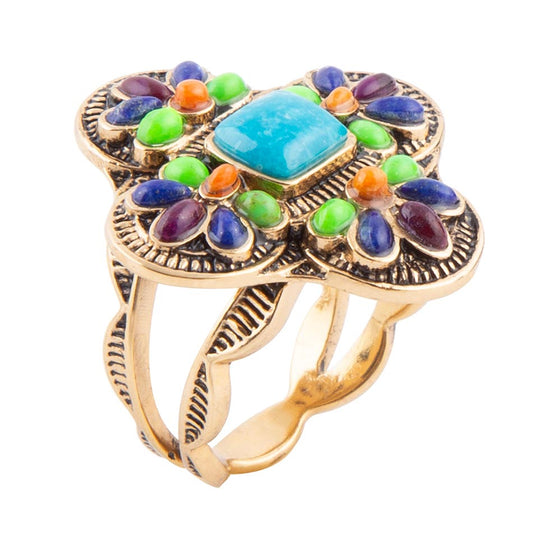 Barse Zion Blue Turquoise Colorful Golden Cross Ring