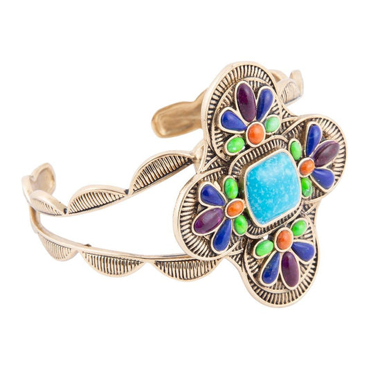 Barse Zion Blue Turquoise Multi-Stone Golden Cuff Bracelet