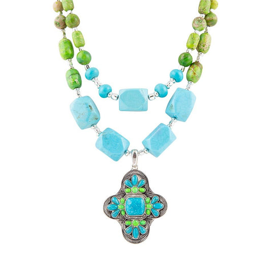 Zion Lime Green and Blue Turquoise and Sterling Silver Statement Necklace