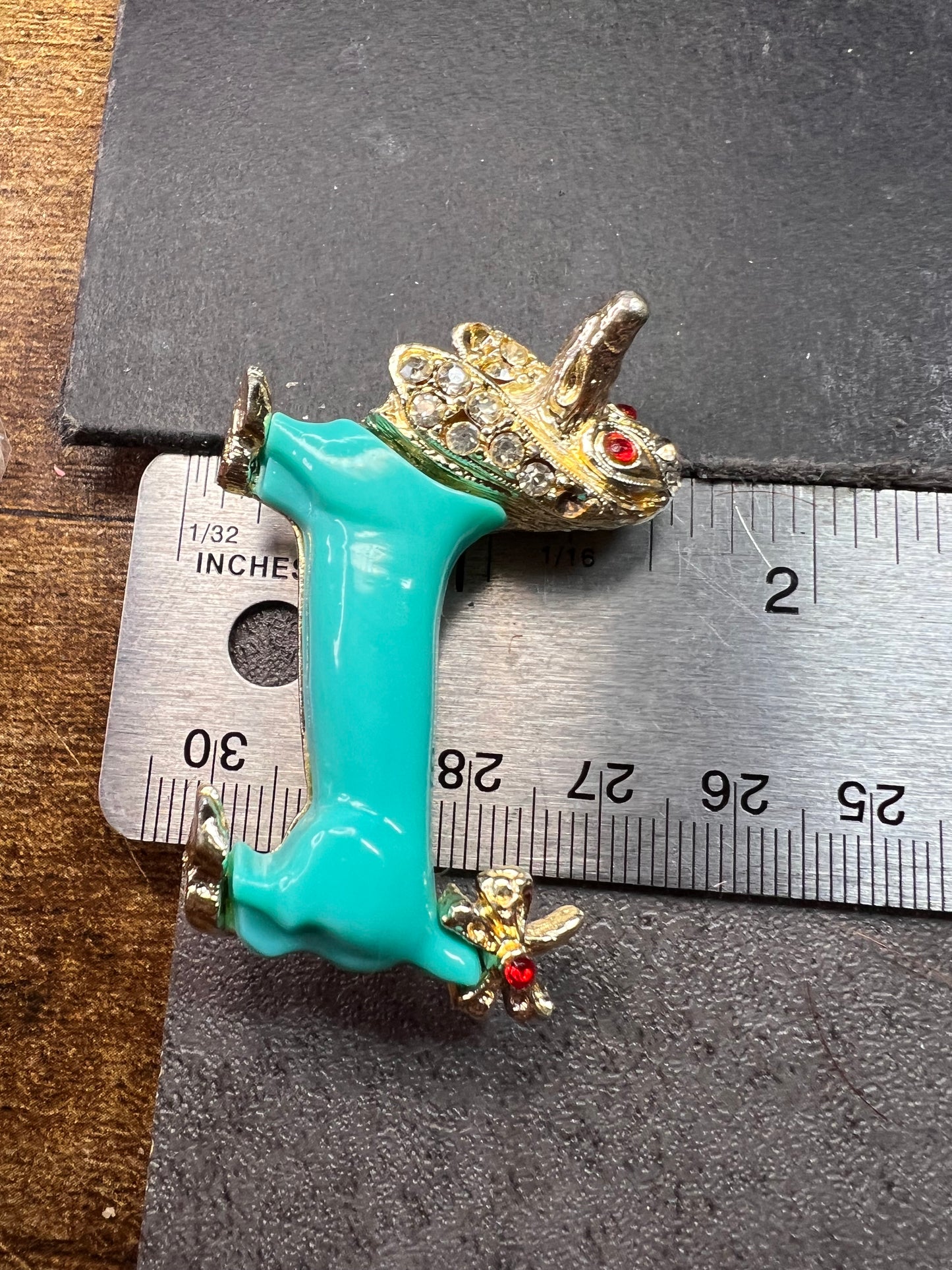 Vintage Gold Tone Dachshund Brooch Turquoise Lucite Rhinestones