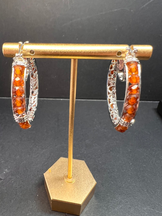 NEW Hessonite garnet hoop earrings in platinum over brass