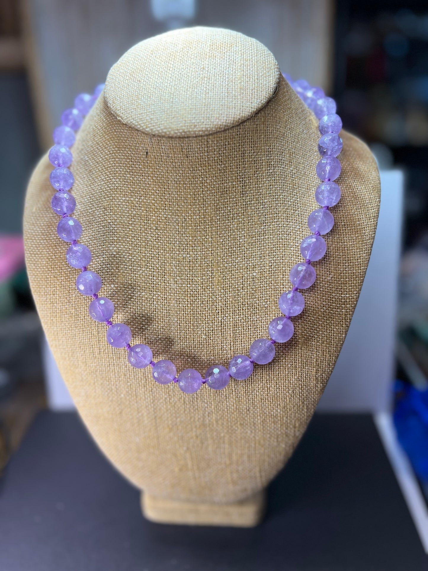 Faceted lavender amethyst knotted necklace with sterling clasp