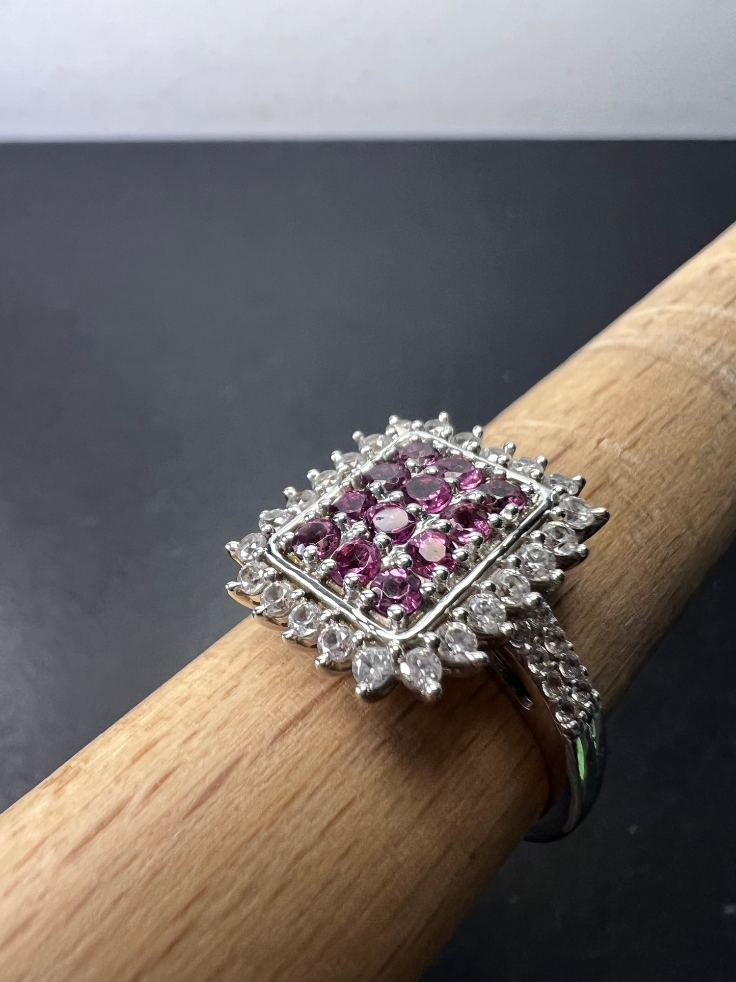 Pink tourmaline and white topaz sterling silver cluster ring size 9