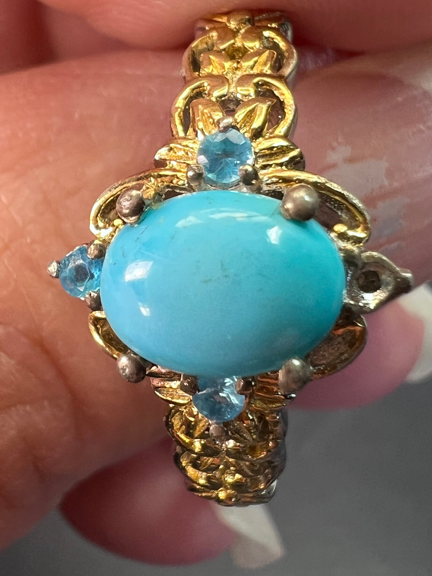 Vintage style turquoise and neon apatite two toned ring size 9