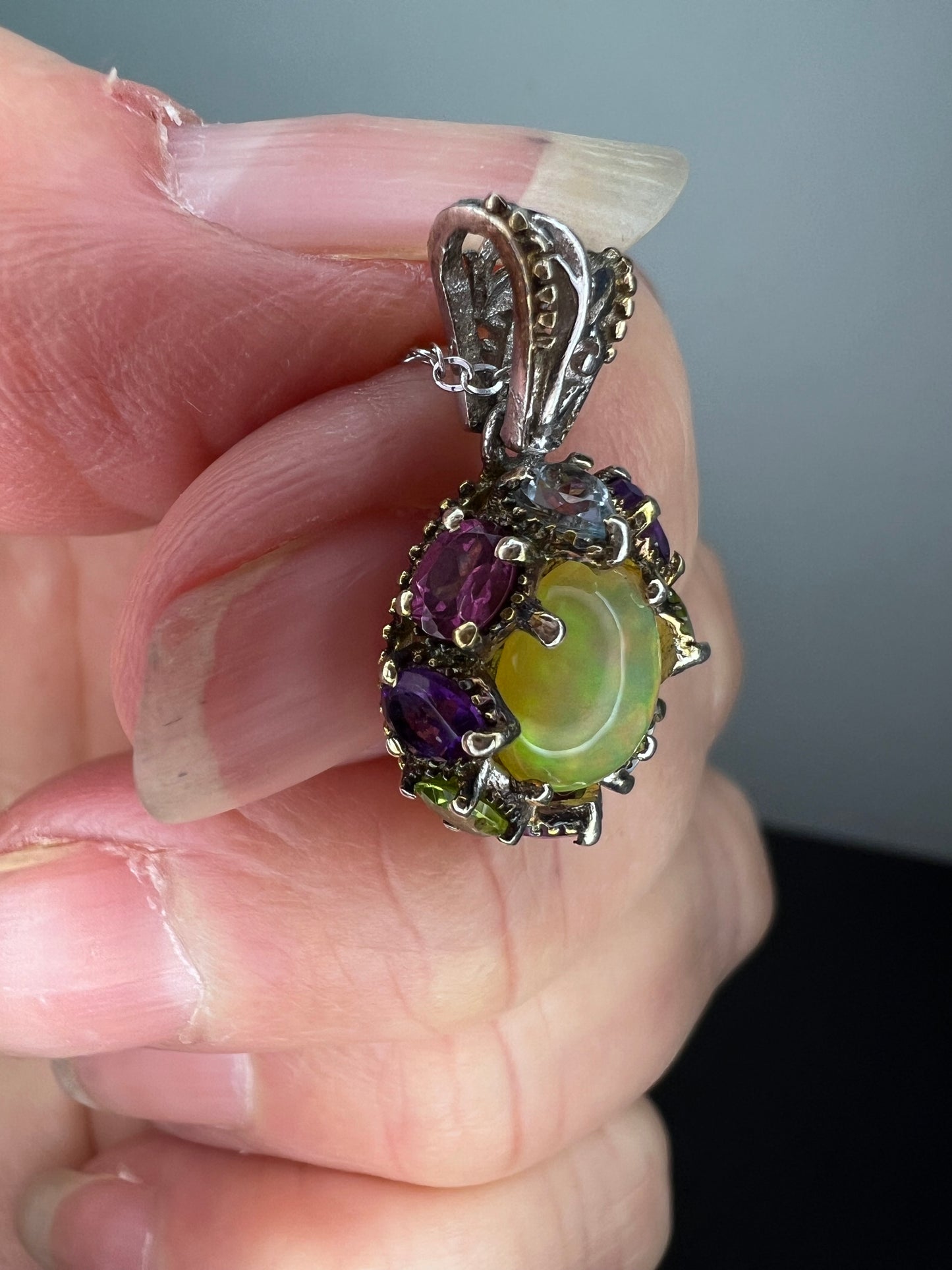 Ethiopian opal multi stone sterling silver halo pendant necklace