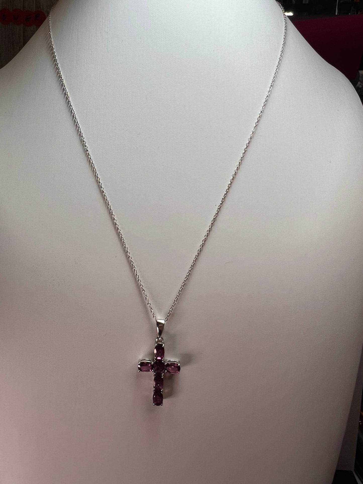 Raspberry rhodolite garnet cross pendant and chain necklace in sterling silver