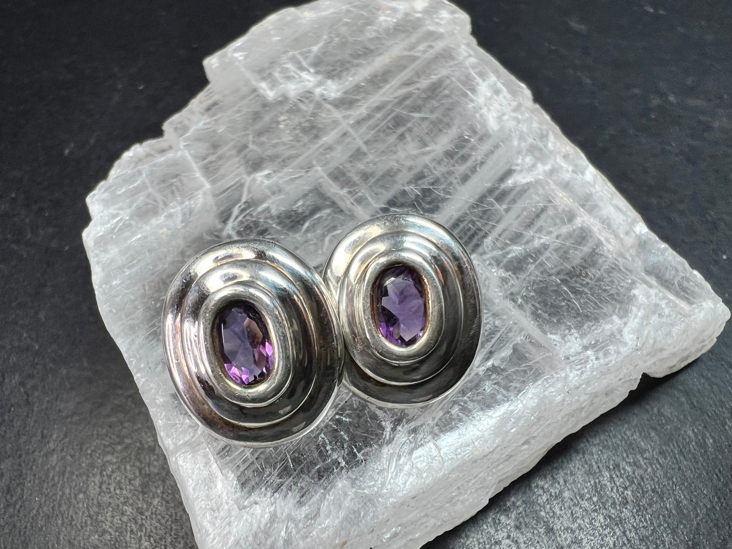 Vintage Sterling Silver Amethyst Modernist Stud Earrings
