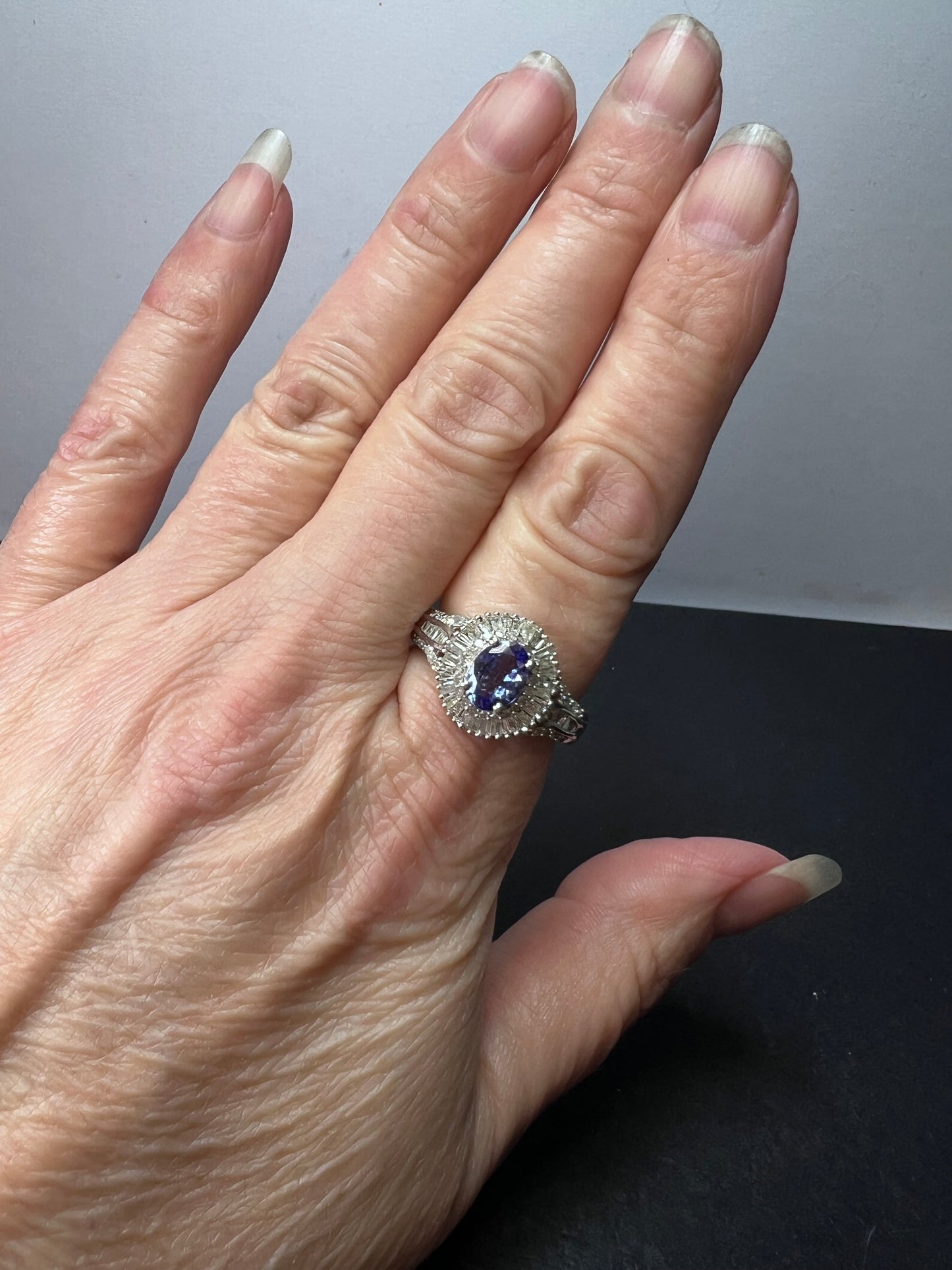 AAA Tanzanite and Diamond  Double Halo Ring in Platinum Over Sterling Silver, Oval Engagement Ring size 10