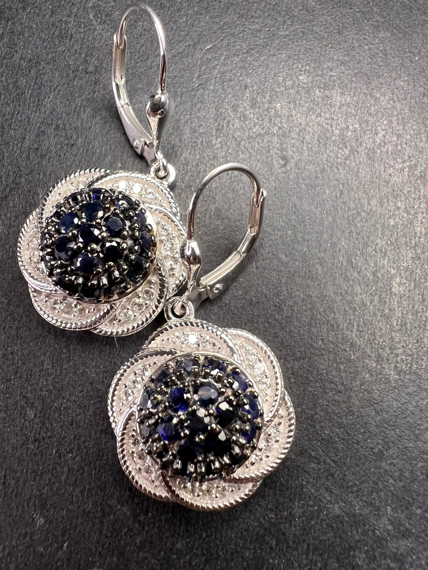 NEW blue sapphire and zircon galaxy halo earrings in rhodium over sterling silver