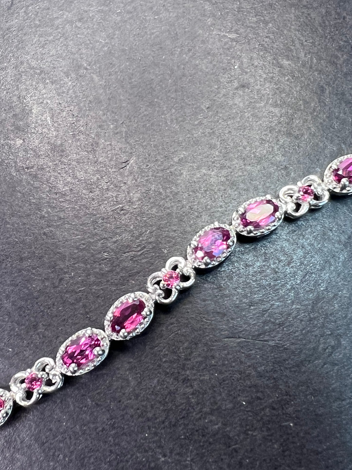 Grape rhodolite garnet and sterling silver and tennis bracelet