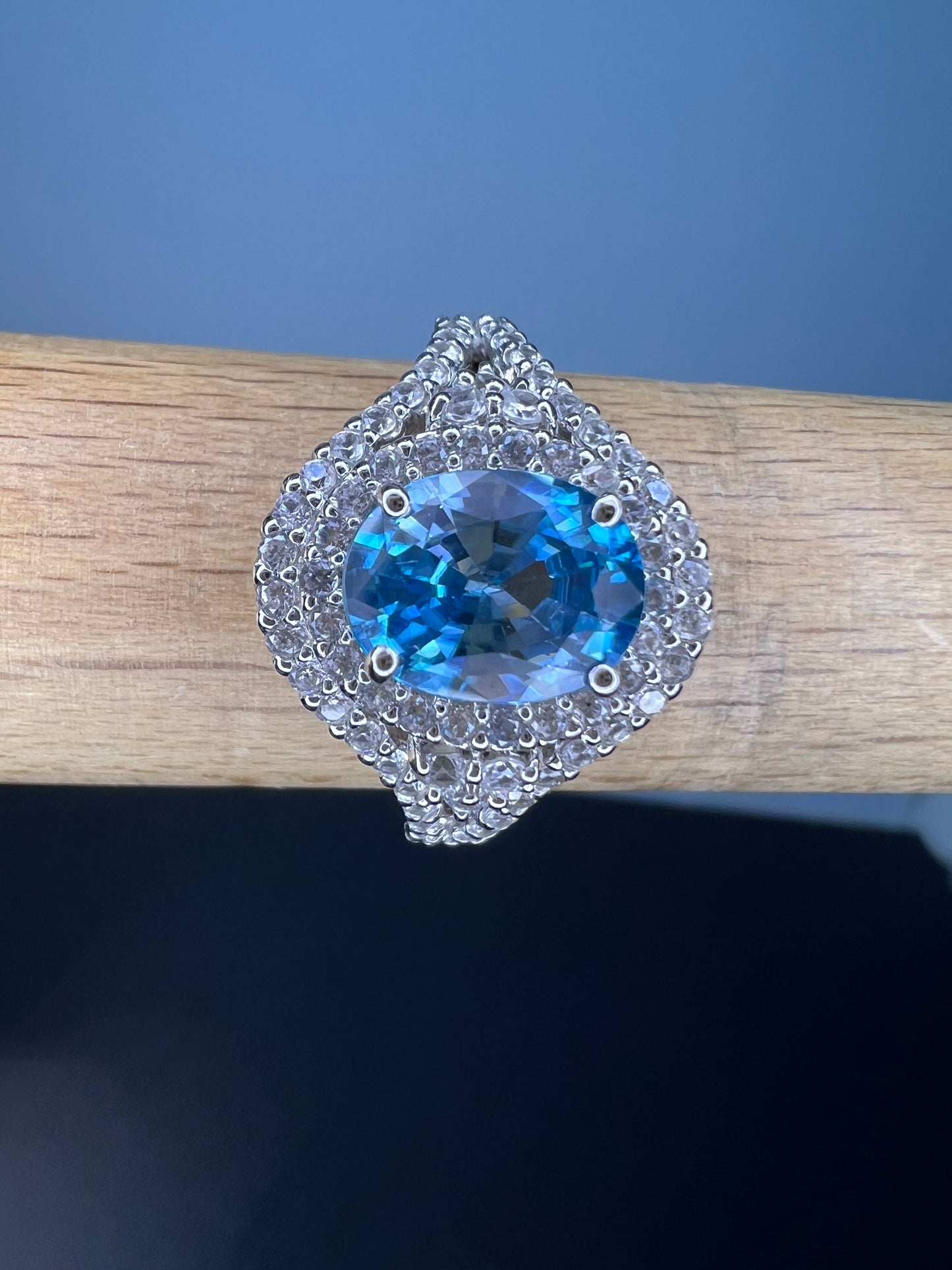 10k white gold blue topaz and white zircon double halo ring size 9