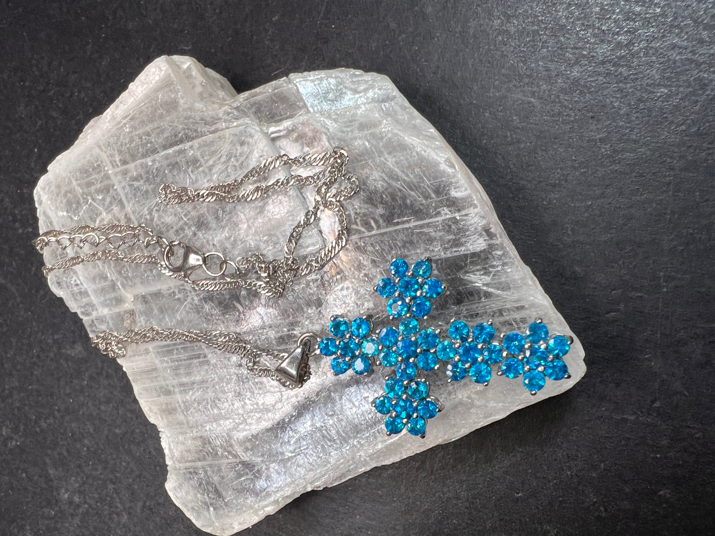 Neon Blue Apatite Rhodium Over Sterling Silver Cross Pendant With Chain 3.25ctw