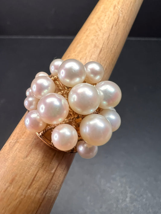 Vintage 14K Gold Cluster Pearl Cocktail Ring – Mid Century Dome Design- size 6