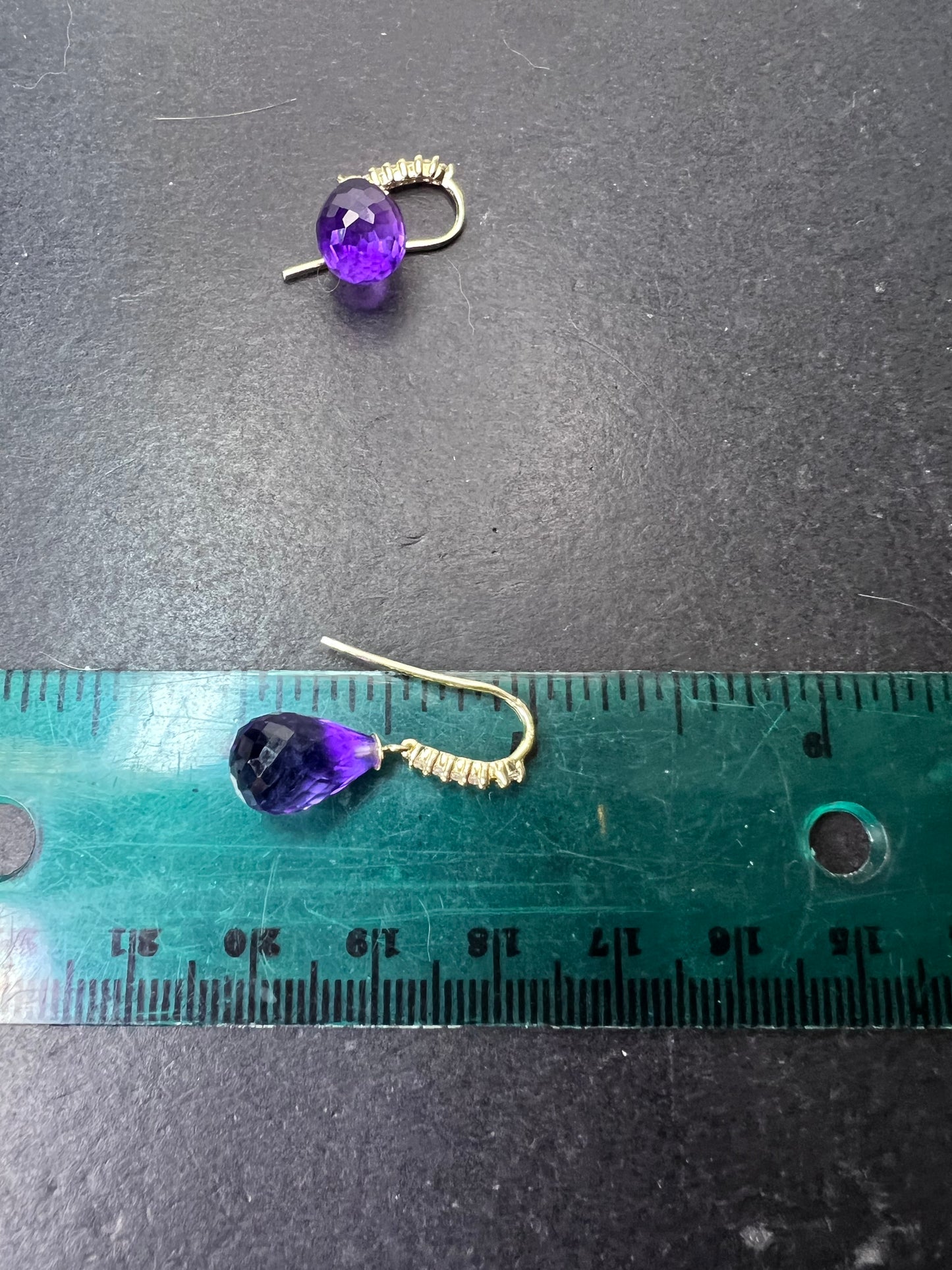 14k gold amethyst briolette and diamond dangle earrings