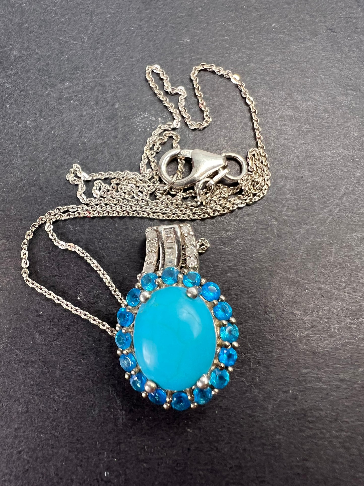 Sleeping Beauty turquoise , Malgache neon apatite and diamond halo pendant necklace in platinum over sterling silver with 20 inch chain 4.85ctw