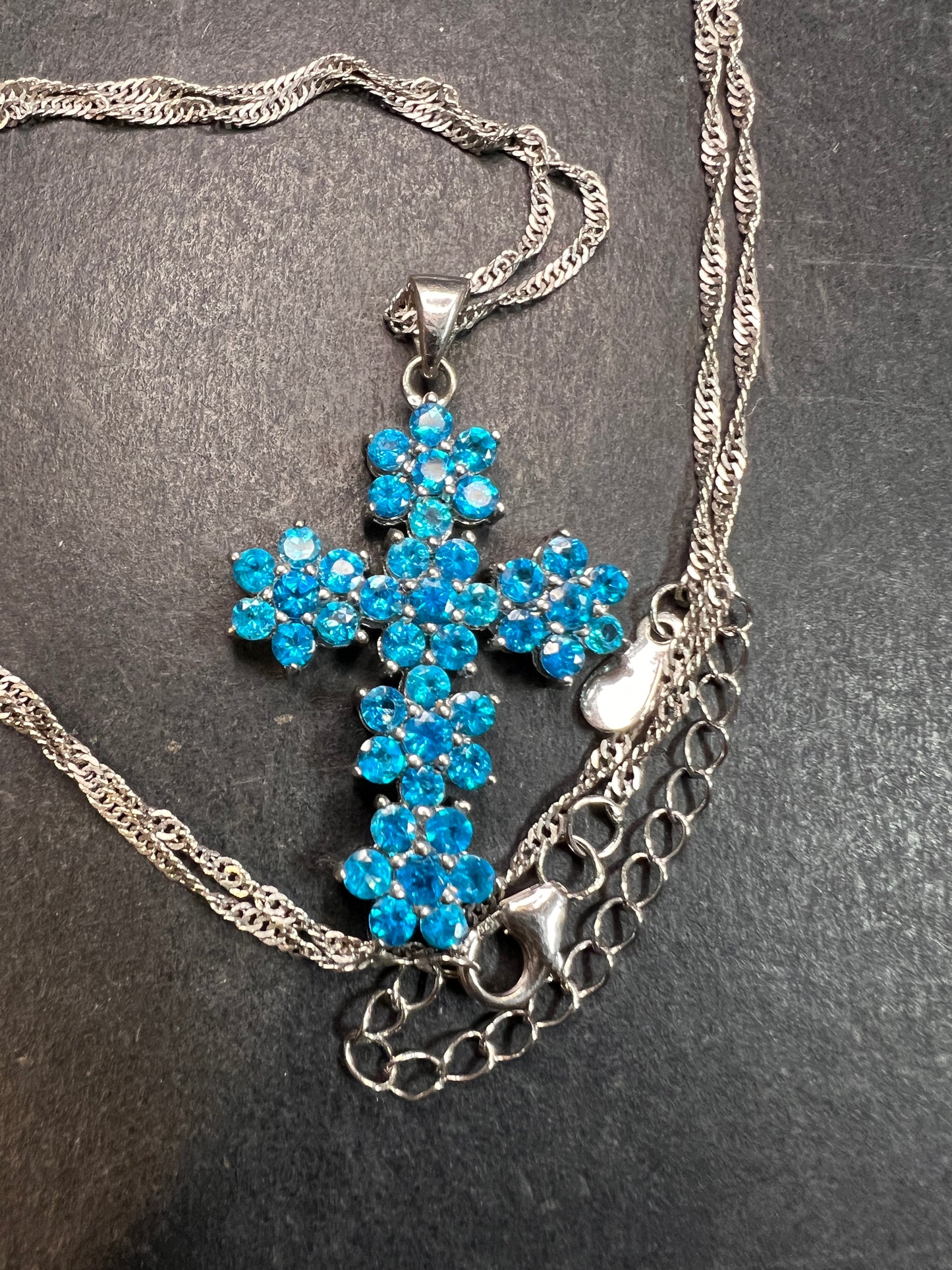 Neon Blue Apatite Rhodium Over Sterling Silver Cross Pendant With Chain 3.25ctw