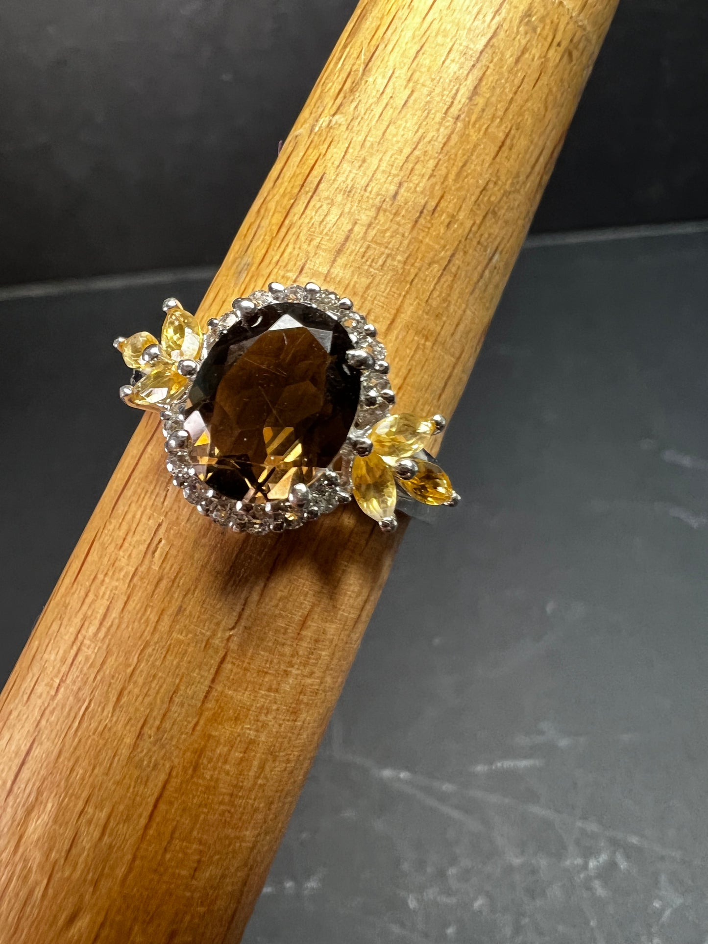 Smoky Quartz Citrine White Topaz Sterling Silver Ring Size 9 Estate