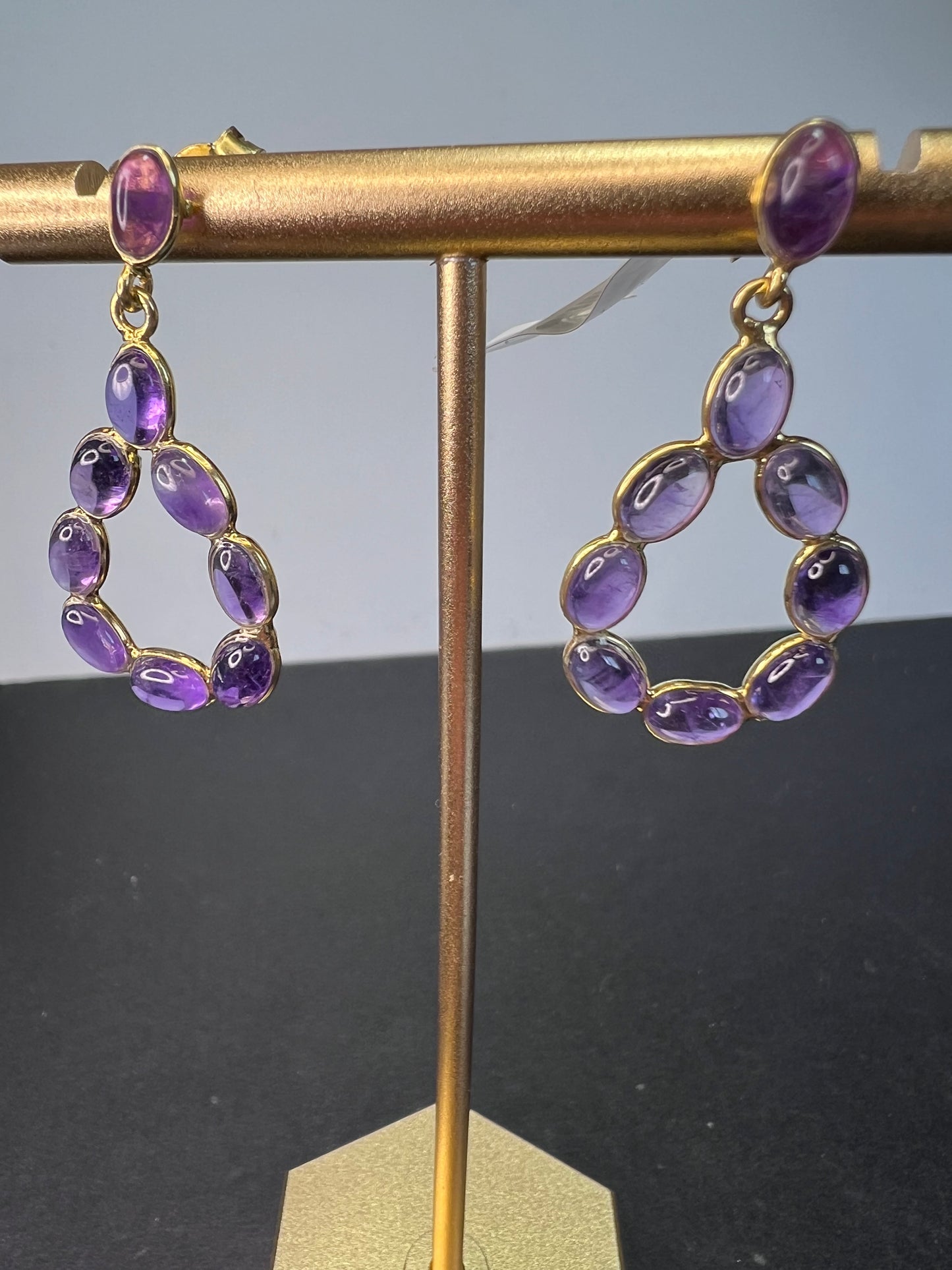 New amethyst teardrop hoop earrings in 18k gold over sterling silver