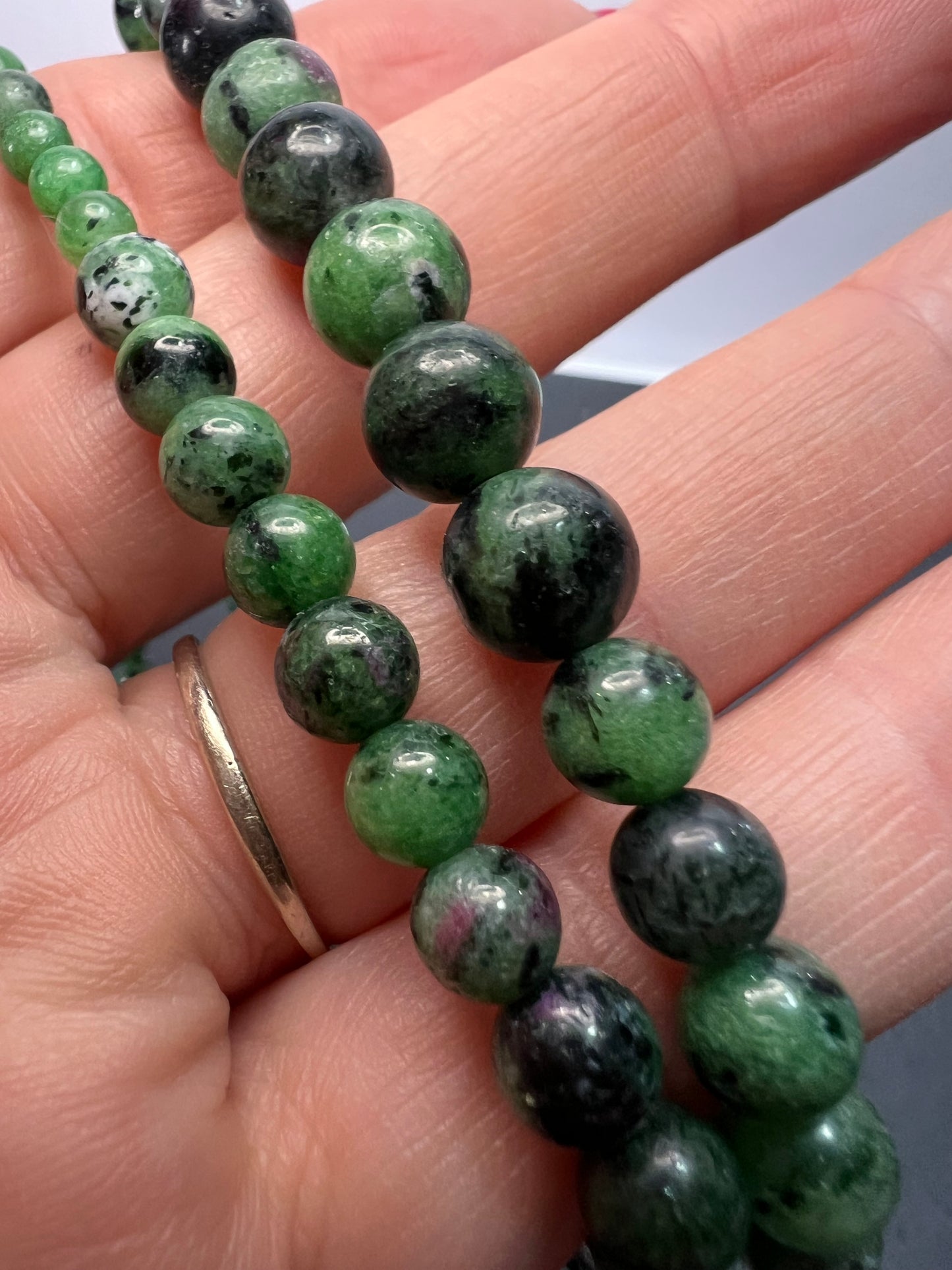 Ruby in zoisite graduated necklace with sterling silver clasp