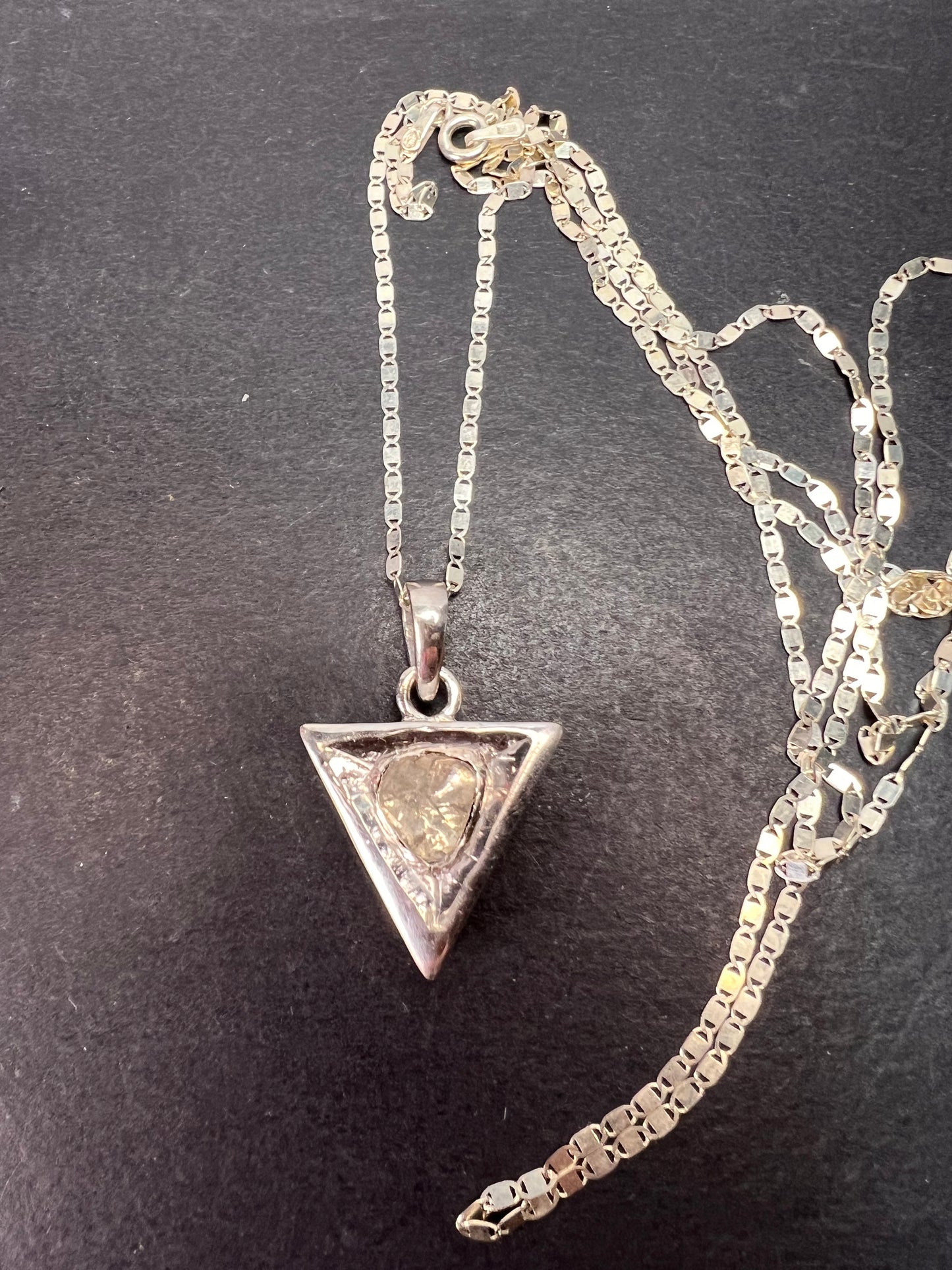 Downward triangle polki diamond pendant and chain necklace in platinum over sterling silver