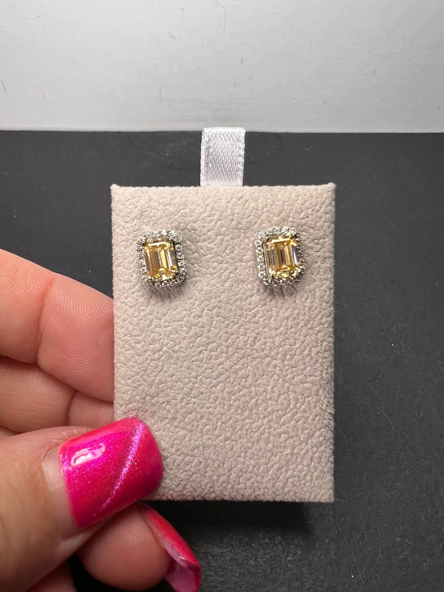 Yellow and white moissanite halo stud earrings in rhodium over sterling silver 2.35ctw