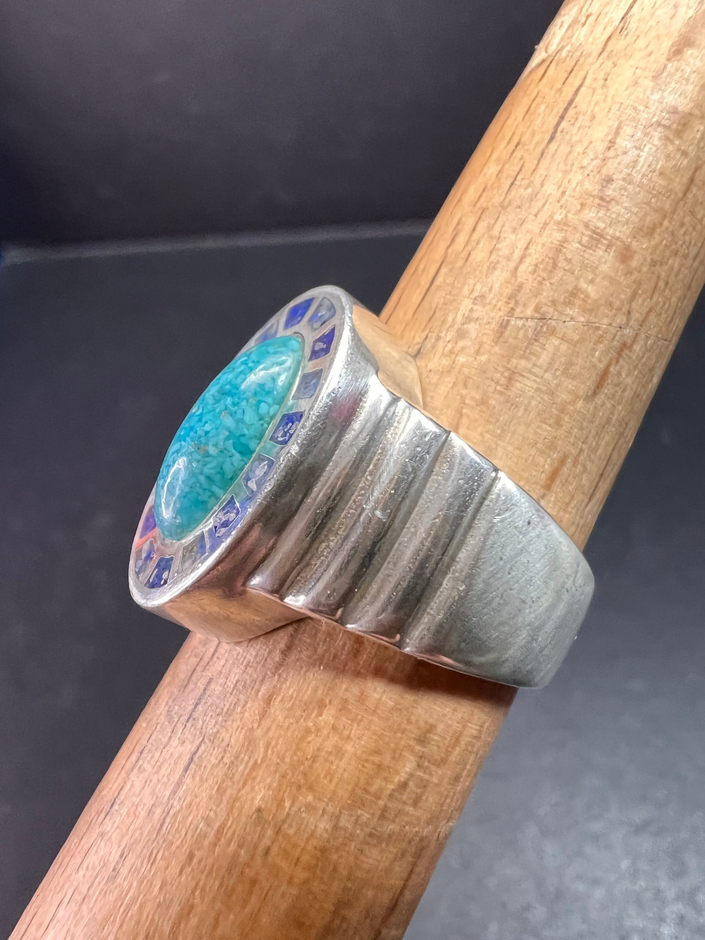Vintage Sterling Silver Coleman Co. Turquoise & Lapis Mosaic Inlay Ring – Size 7