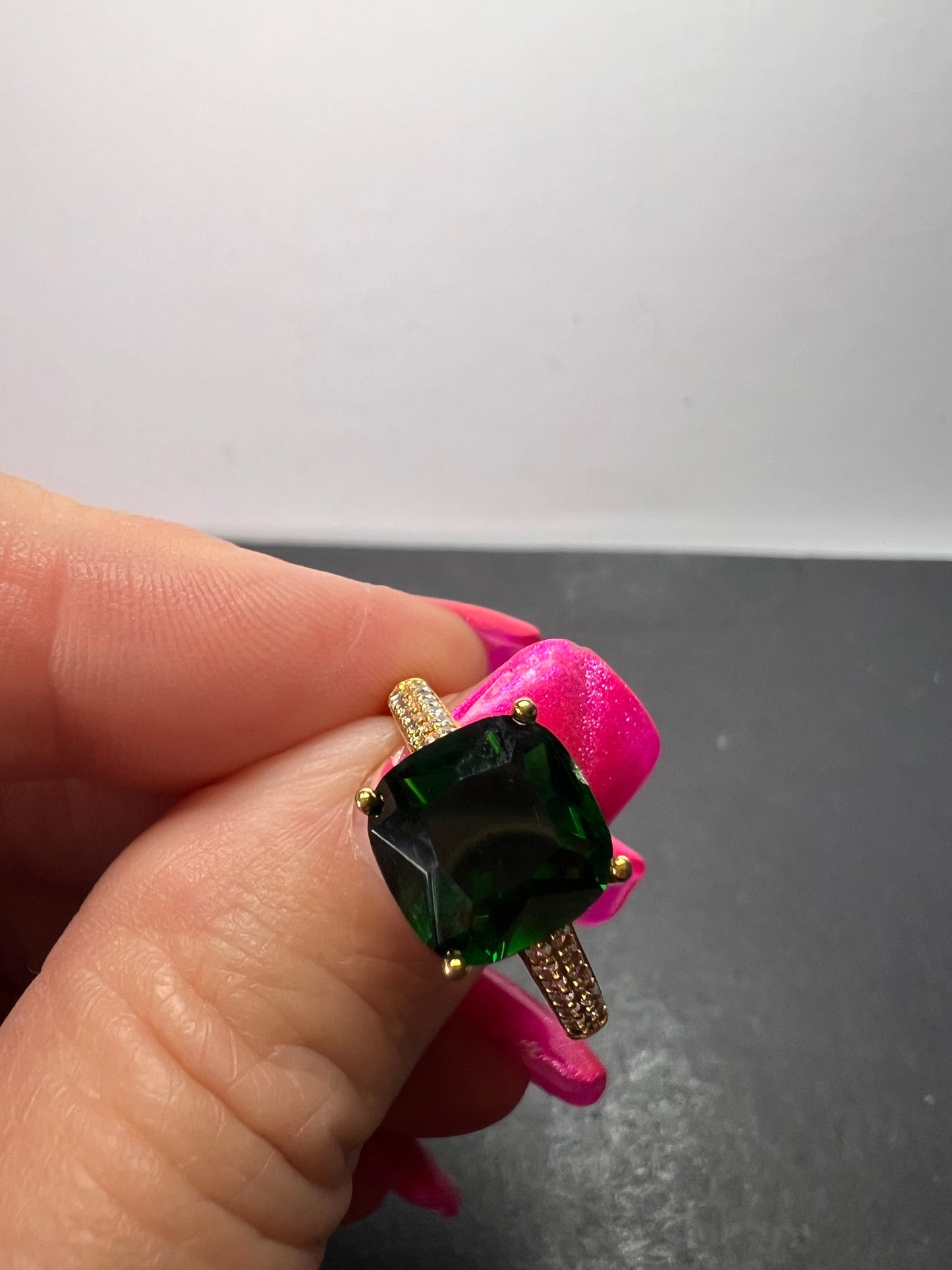 Green cushion cut CZ ring in gold over sterling silver size 9