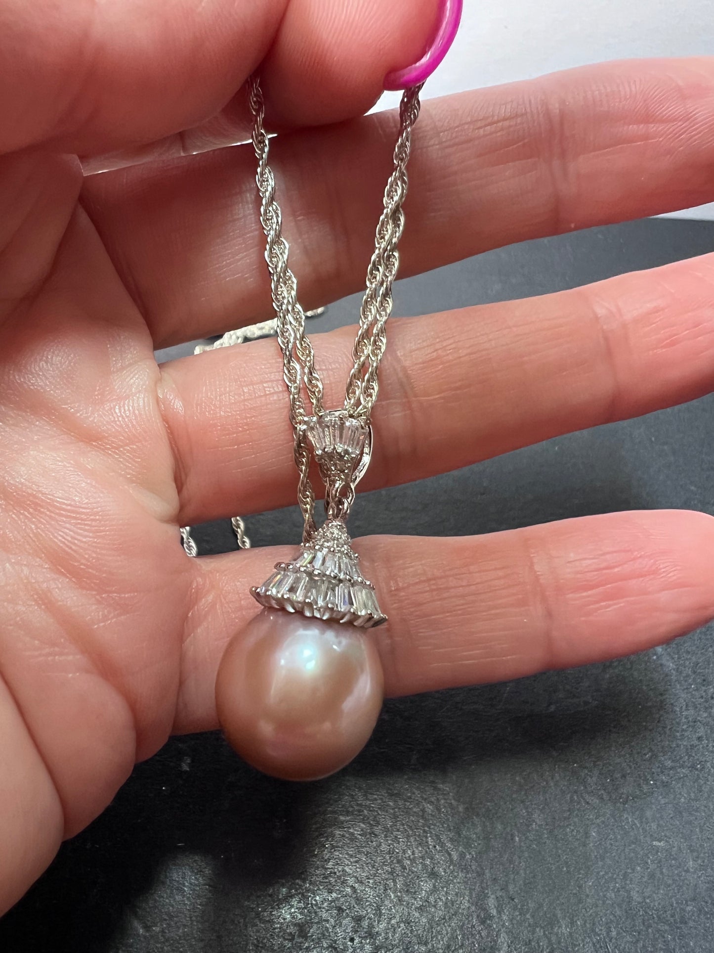 Pink cultured pearl and CZ sterling silver pendant with 24 inch slider chain