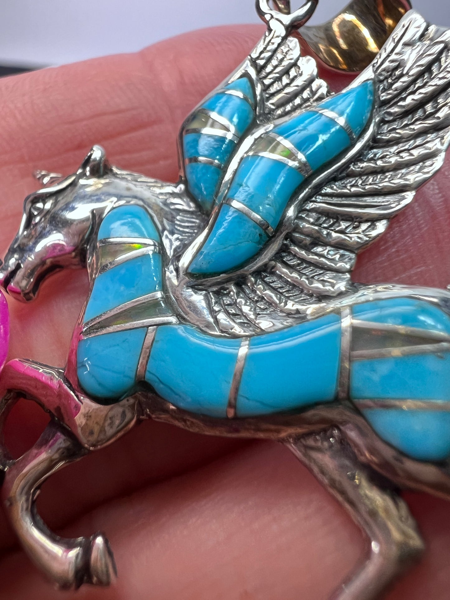 Turquoise and lab opal inlay Pegasus unicorn sterling silver pendant