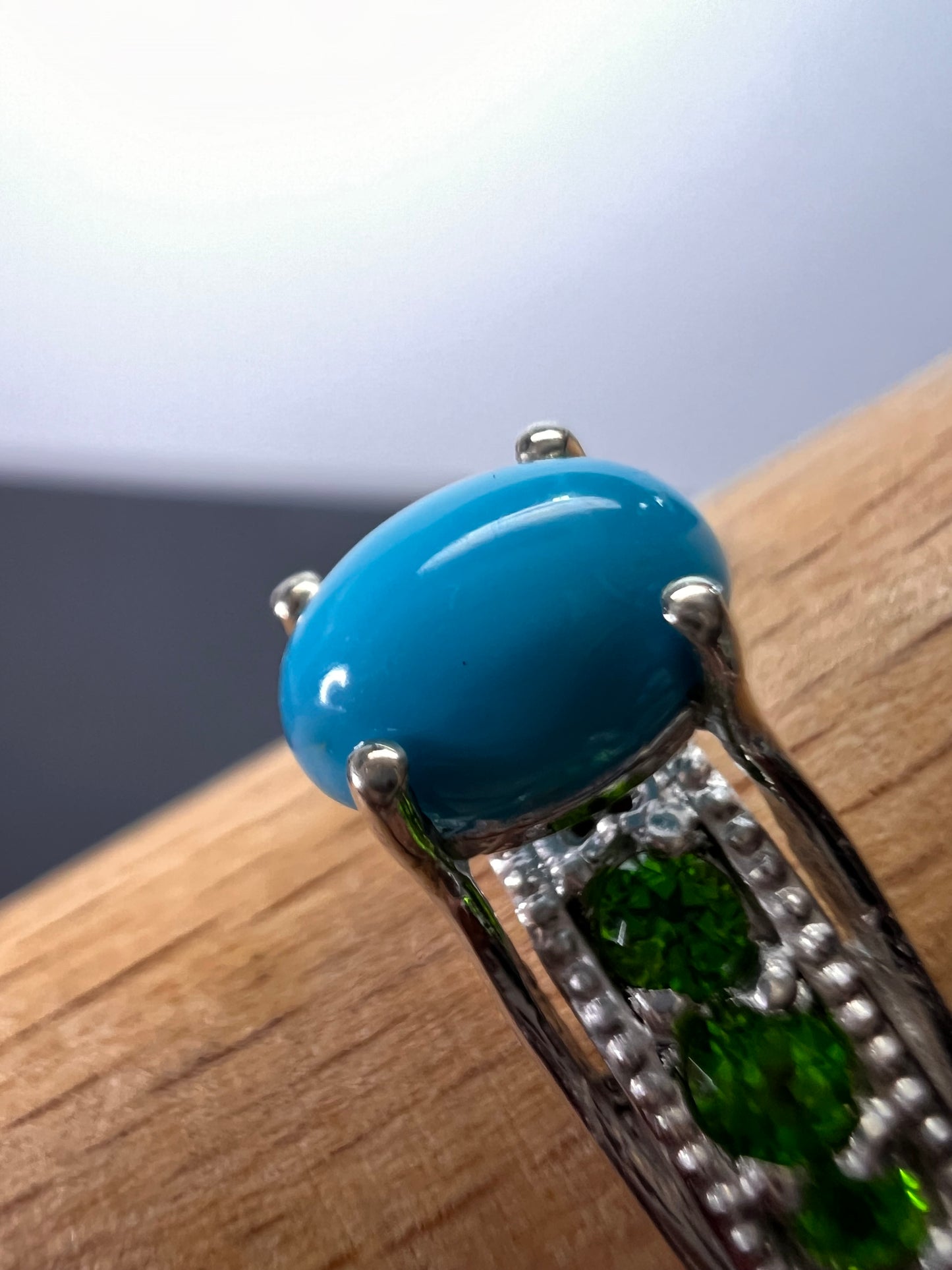 Sleeping Beauty turquoise and chrome diopside sterling silver ring size 9