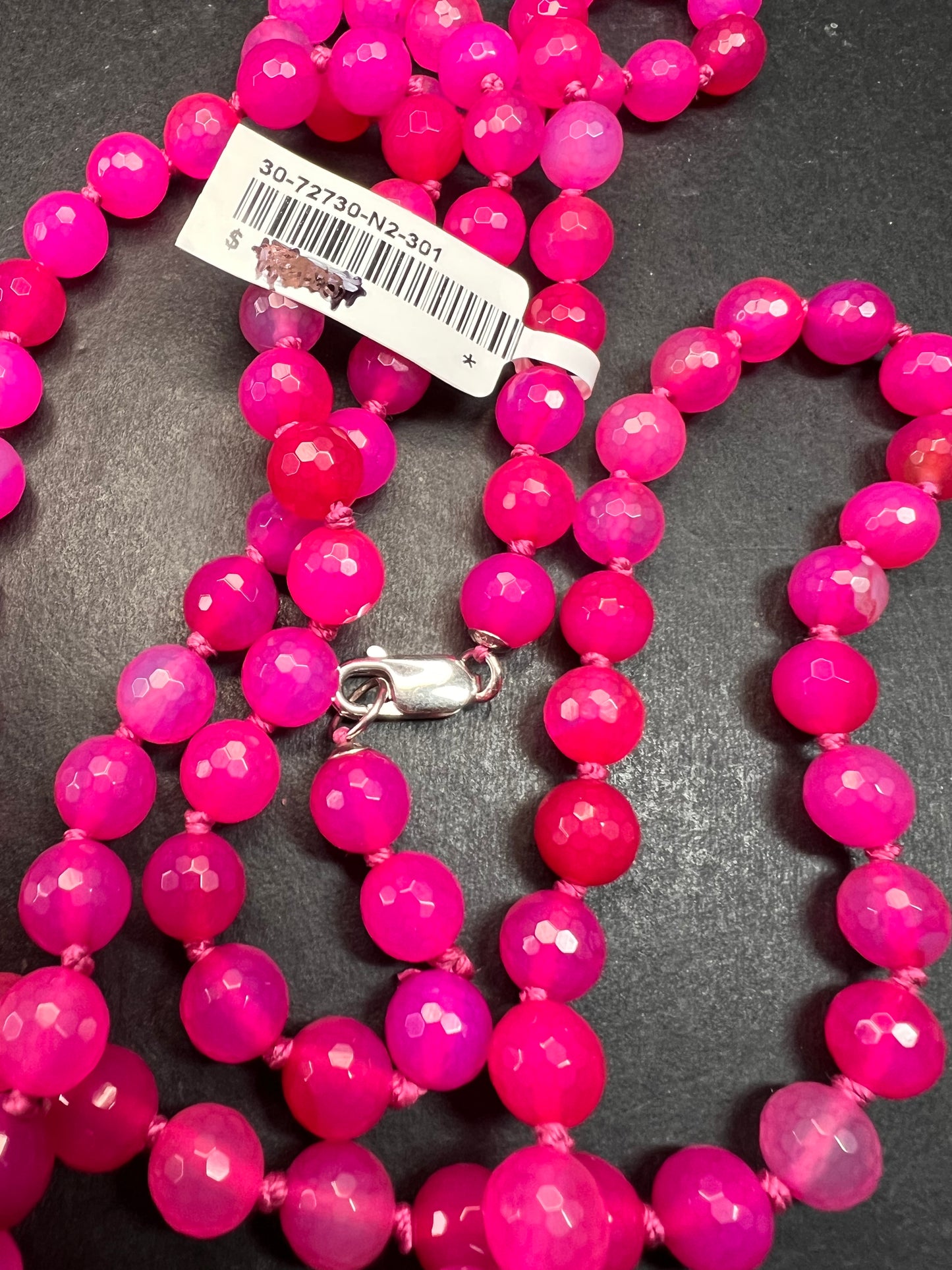 NEW fuchsia pink dyed agate 36 inch knotted bead necklace with sterling silver clasp