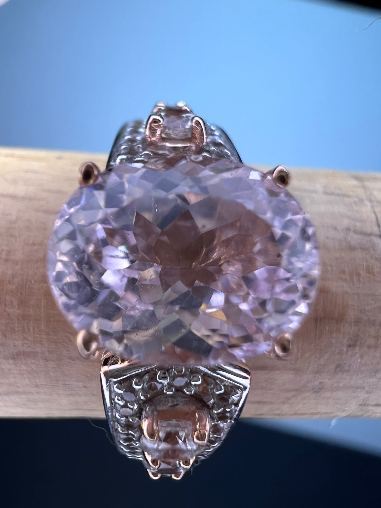 Kunzite and white topaz 18k rose gold over sterling silver ring size 9