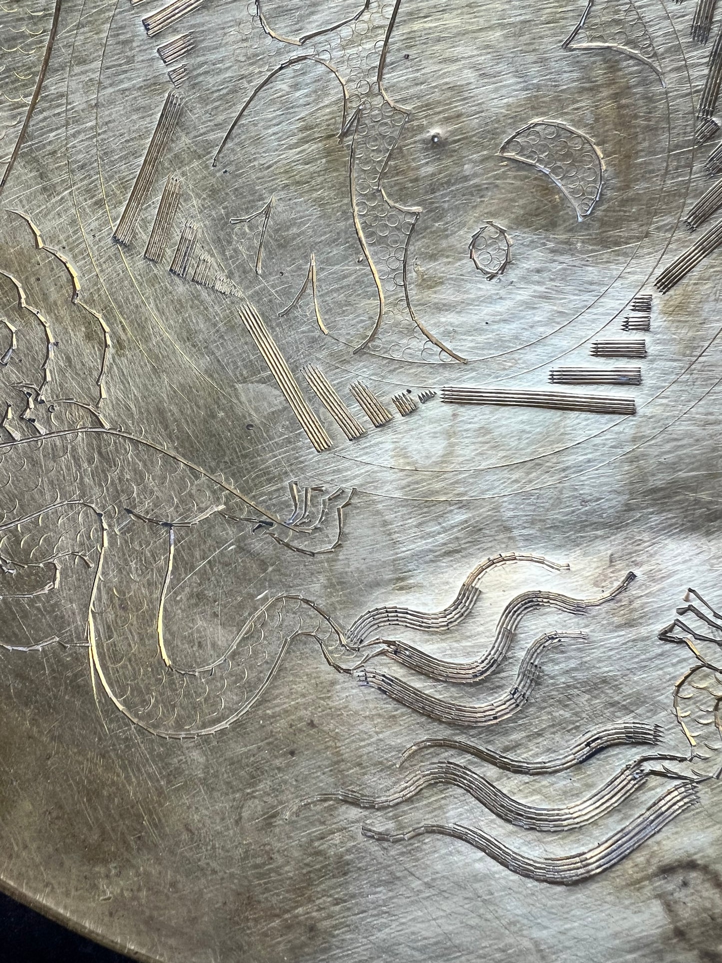 Antique 1920s Chinese Etched Brass Dragon Bowl - 10” Hand Engraved MCM Decor