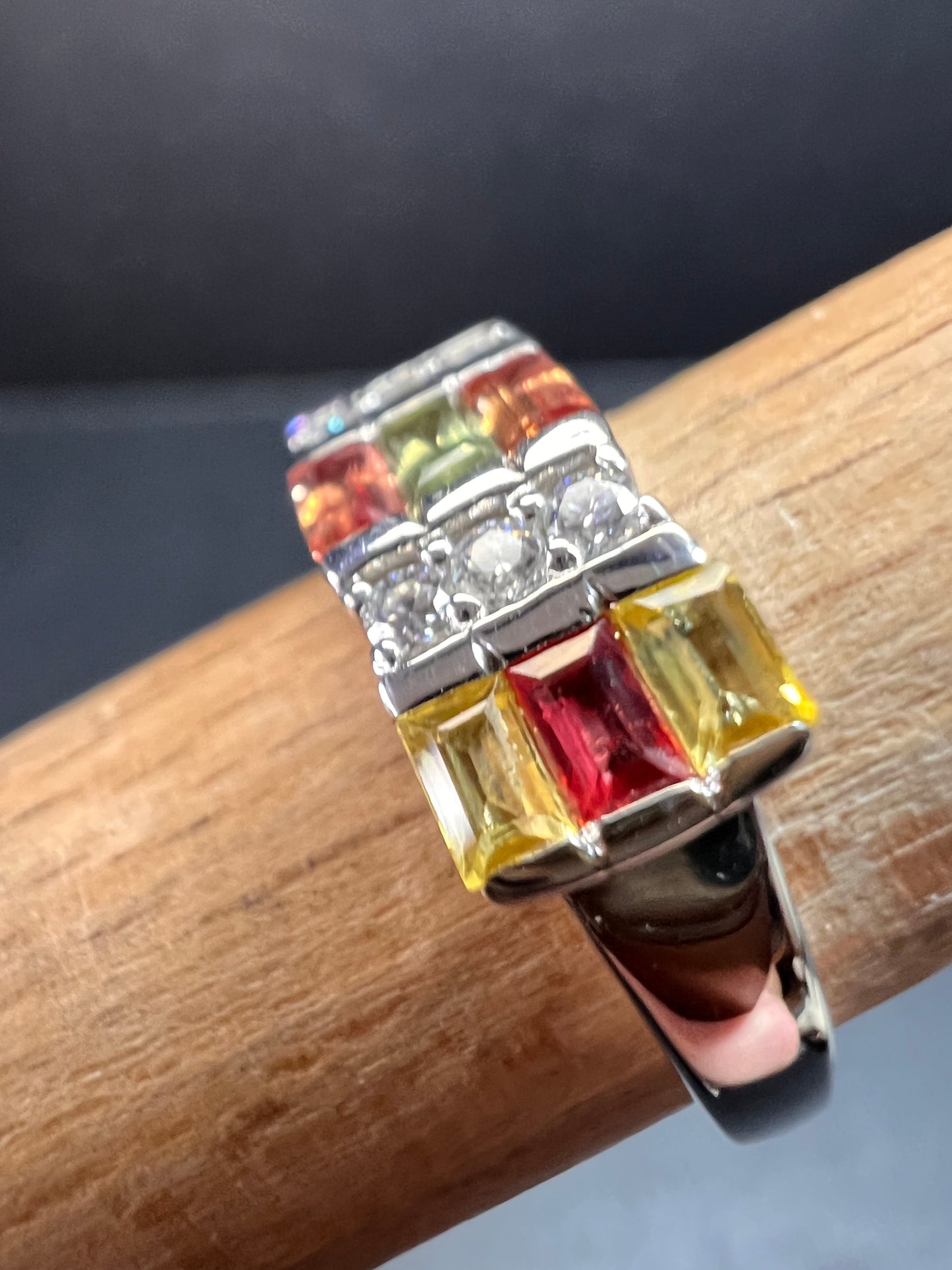 NEW multi sapphire and moissanite art deco style ring in rhodium over sterling silver size 5