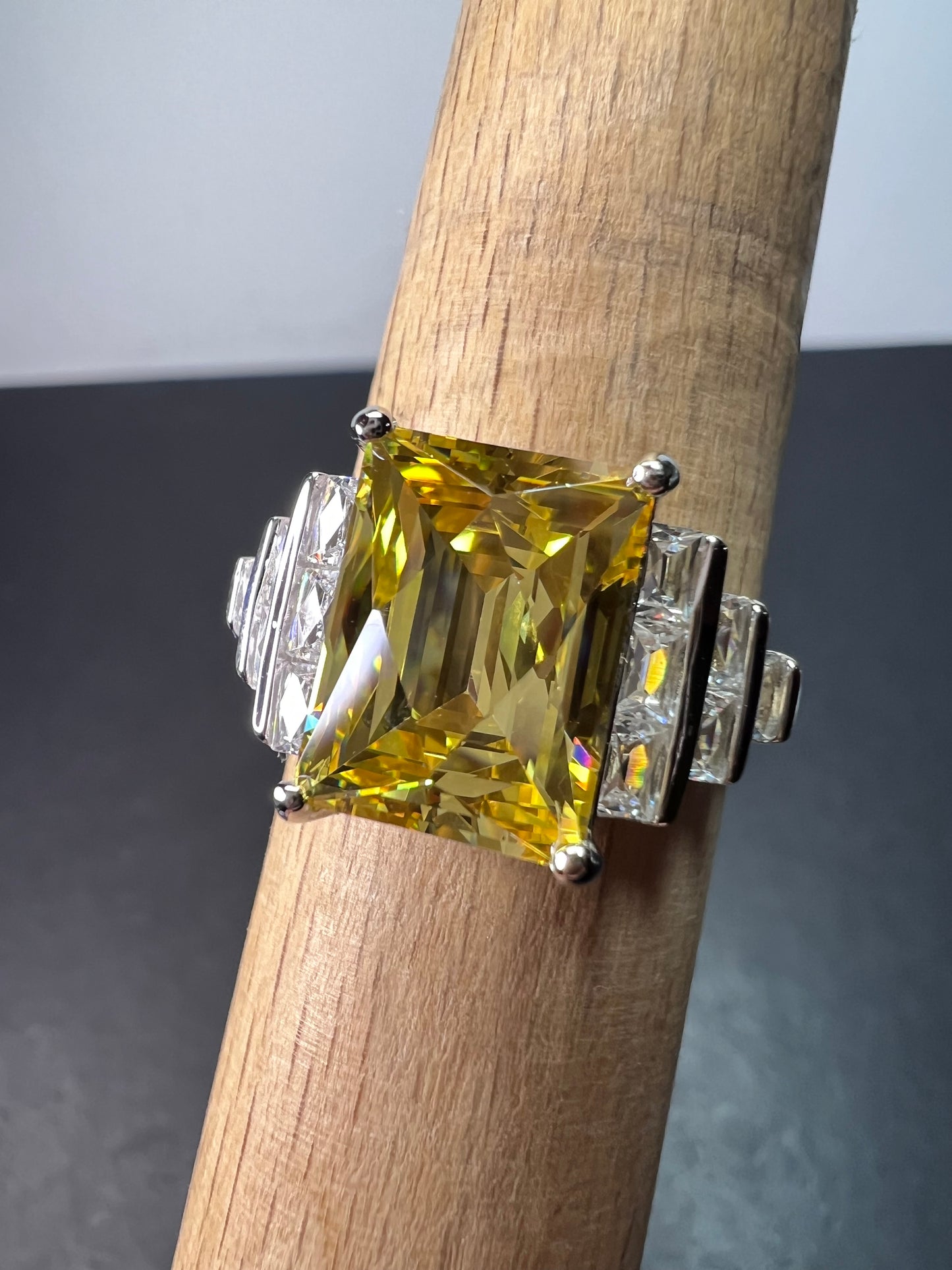 Yellow and white cz sterling silver cocktail ring size 9