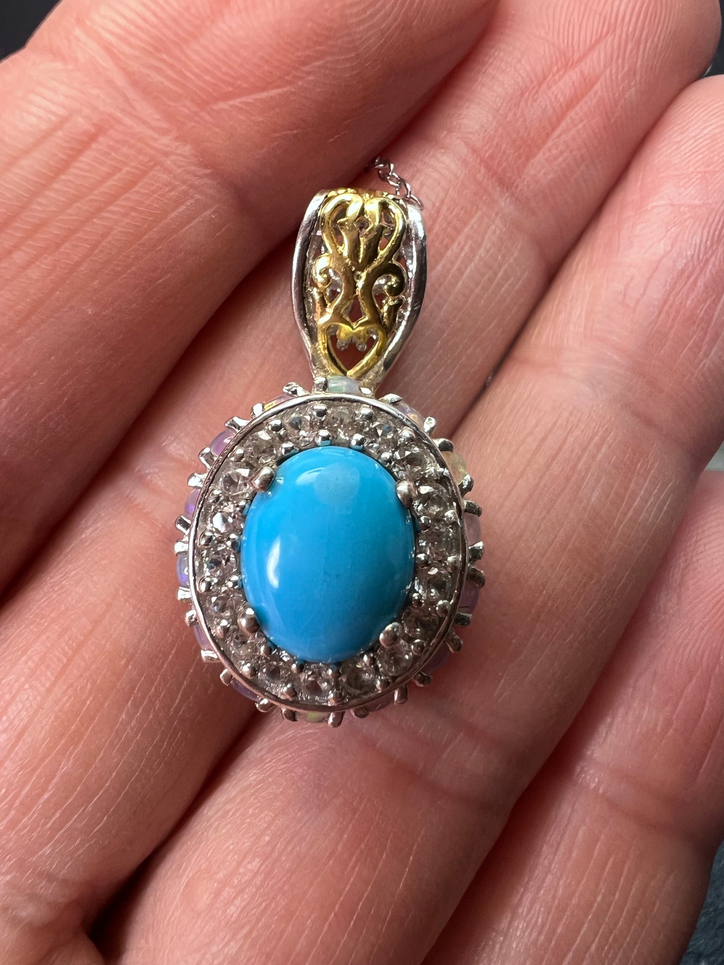 New Opal and sleeping beauty turquoise halo pendant and 20 inch chain necklace