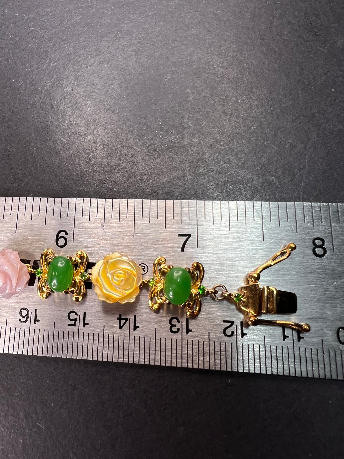 Mother of pearl roses , jade and chrome diopside bracelet in gold over sterling silver 7.5 inches