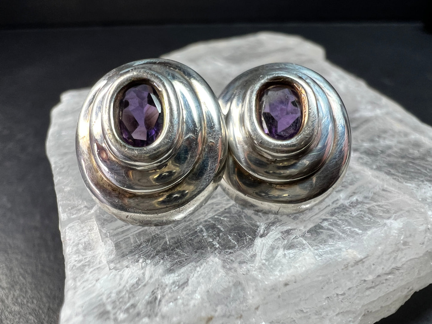 Vintage Sterling Silver Amethyst Modernist Stud Earrings