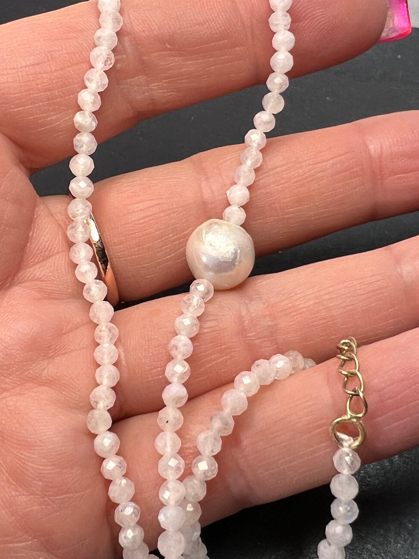 Rainbow moonstone and pearl necklace with sterling silver clasp