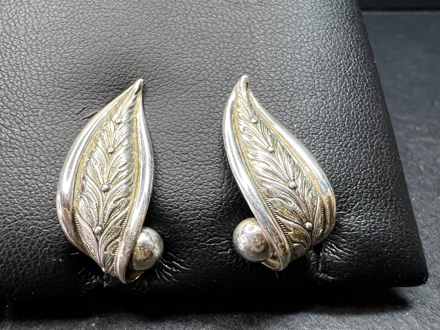 Vintage Forstner Sterling Silver Leaf Screwback Earrings Mid Century