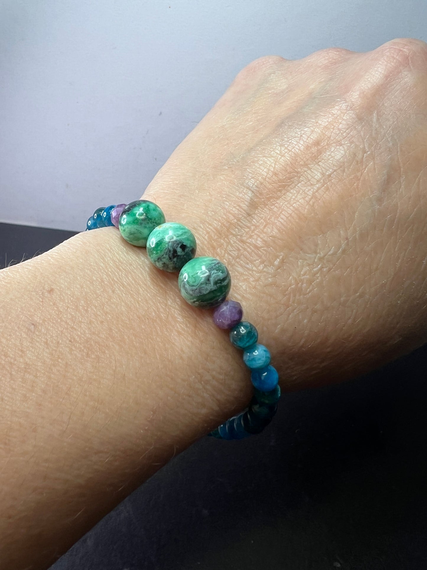 Blue apatite, lepidolite, and Mongolian variscite stretch bracelet 8 inches