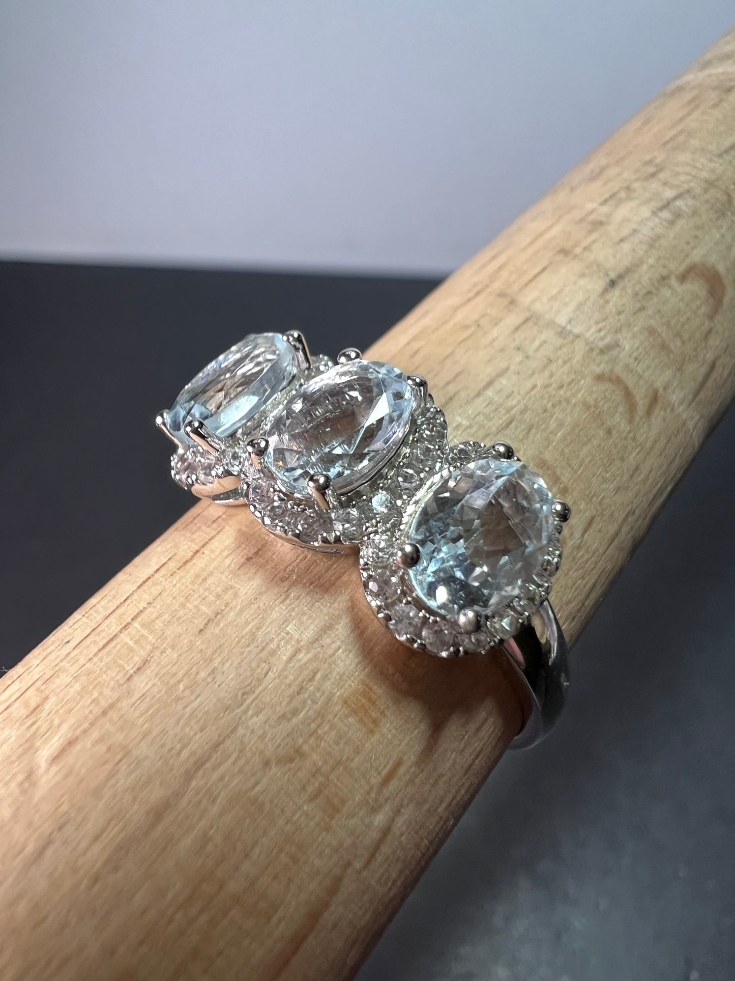 Aquamarine triple stone halo  ring size 10 in sterling silver