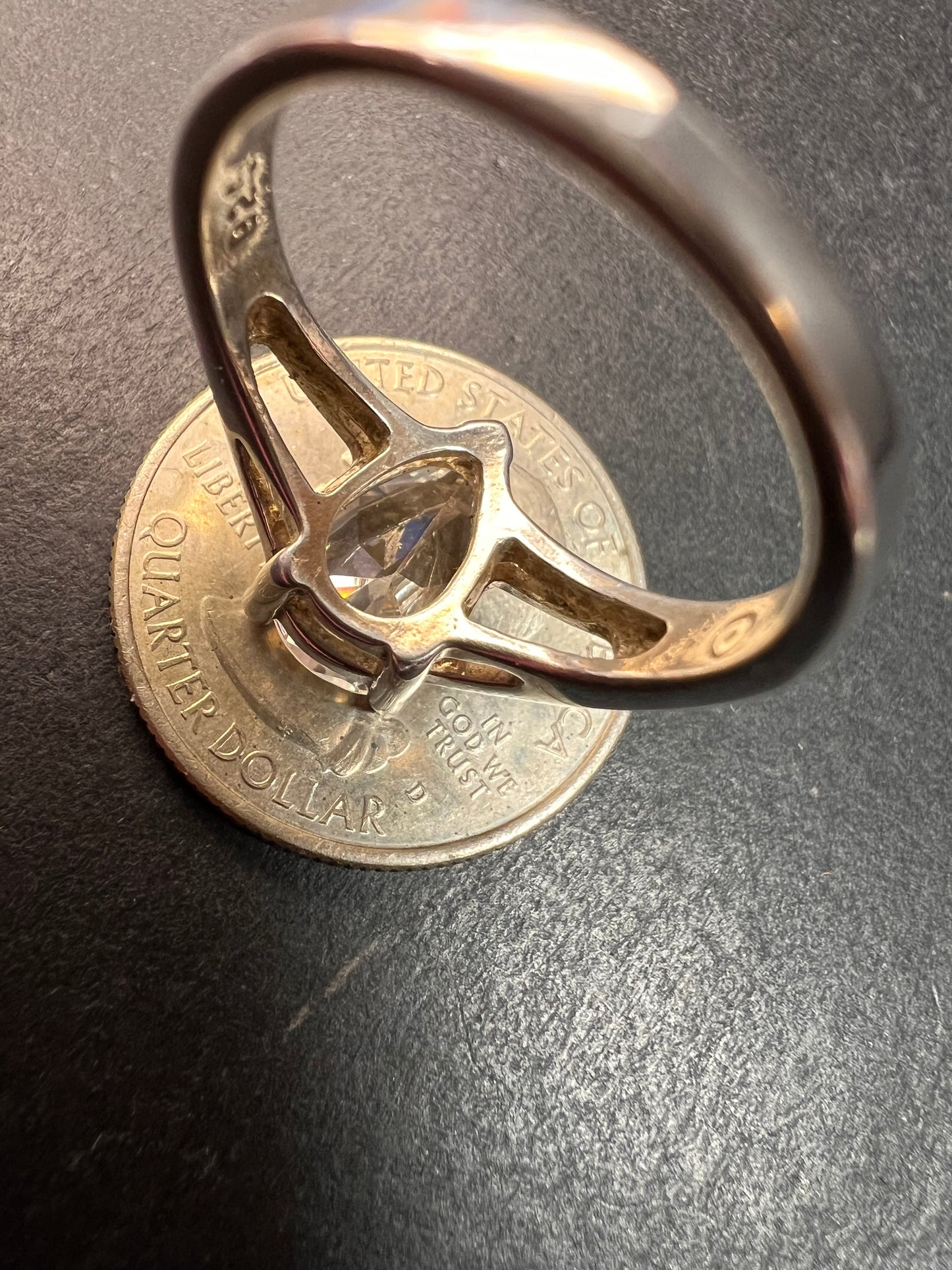 Vintage CZ Pear Solitaire in Sterling Silver, Open Gallery Split Shank, Size 9