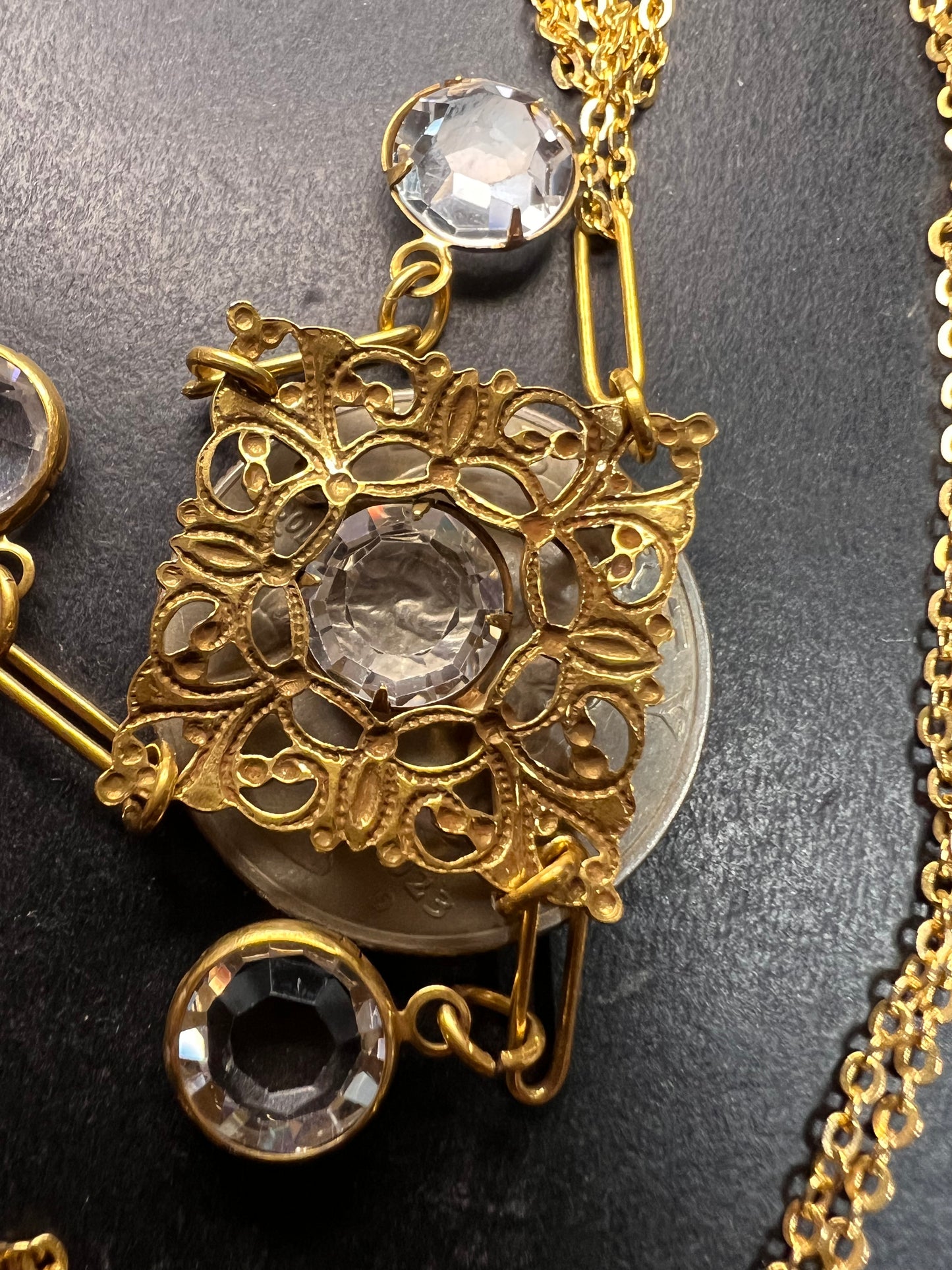 Vintage Victorian Revival Gold Tone Filigree Chandelier Necklace w/ Rivoli Glass