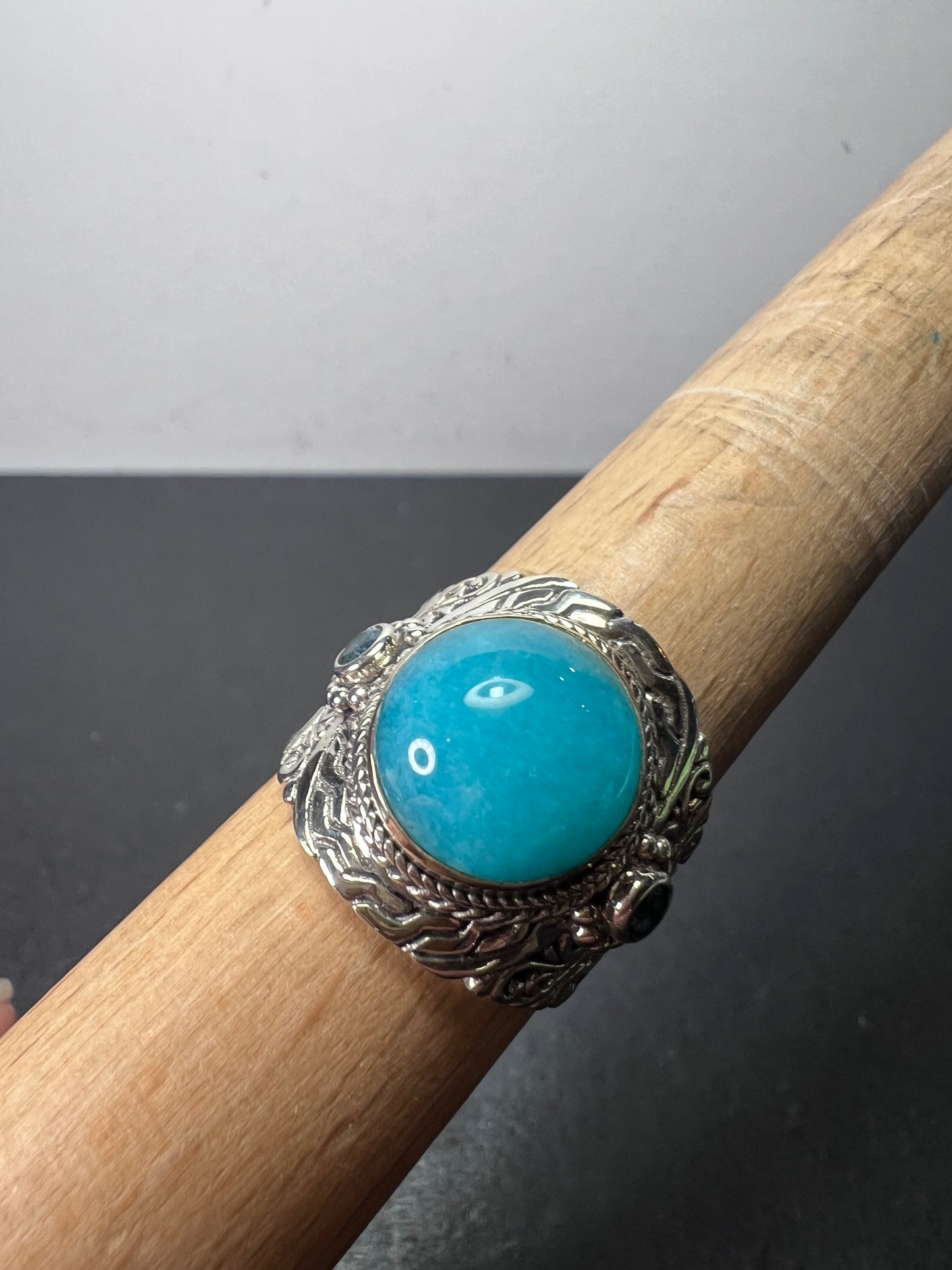 Sarda Peruvian amazonite and London blue topaz sterling silver statement ring size 9