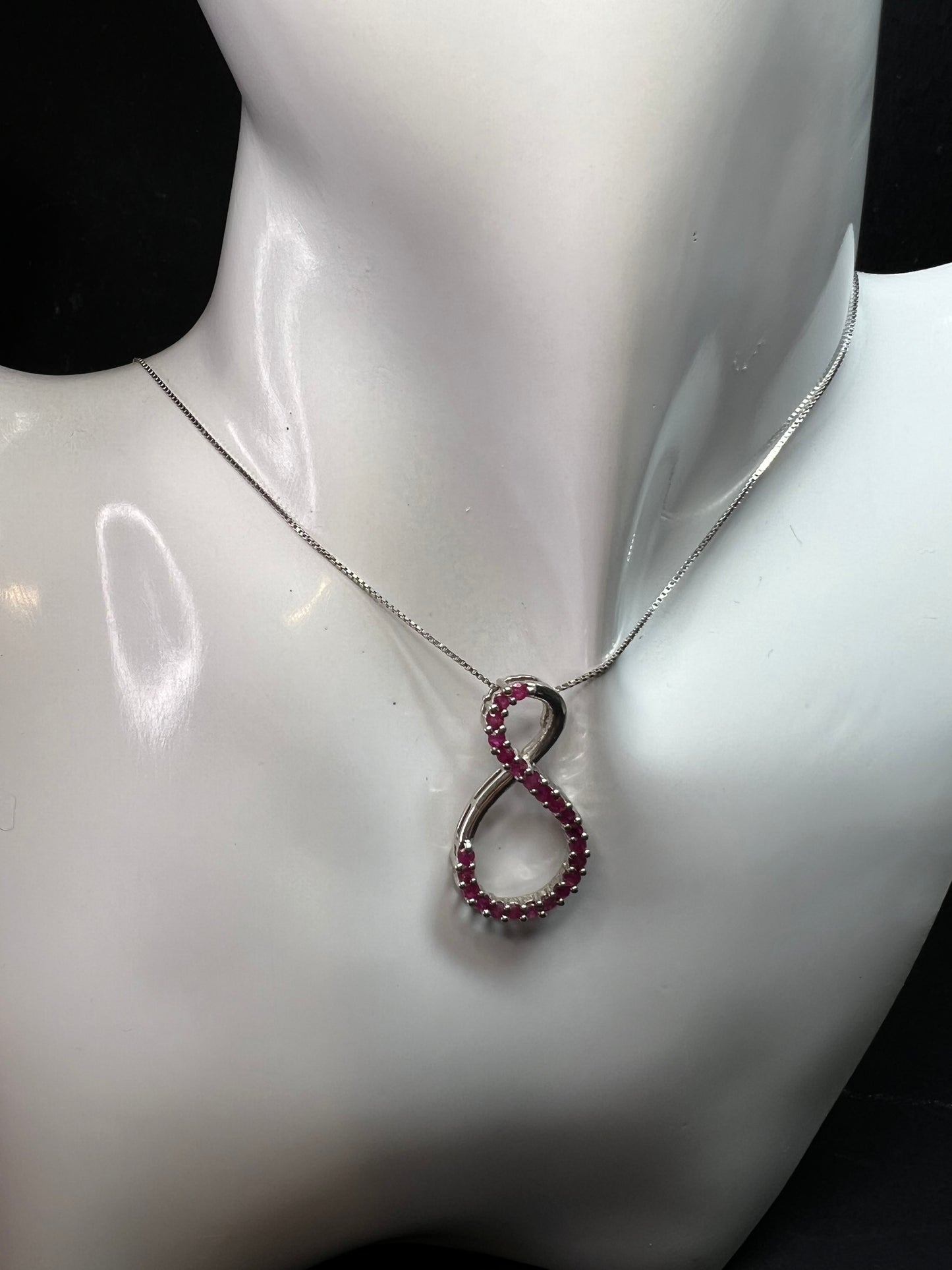 Vintage Ruby Infinity Pendant Necklace Sterling Silver 18” Chain