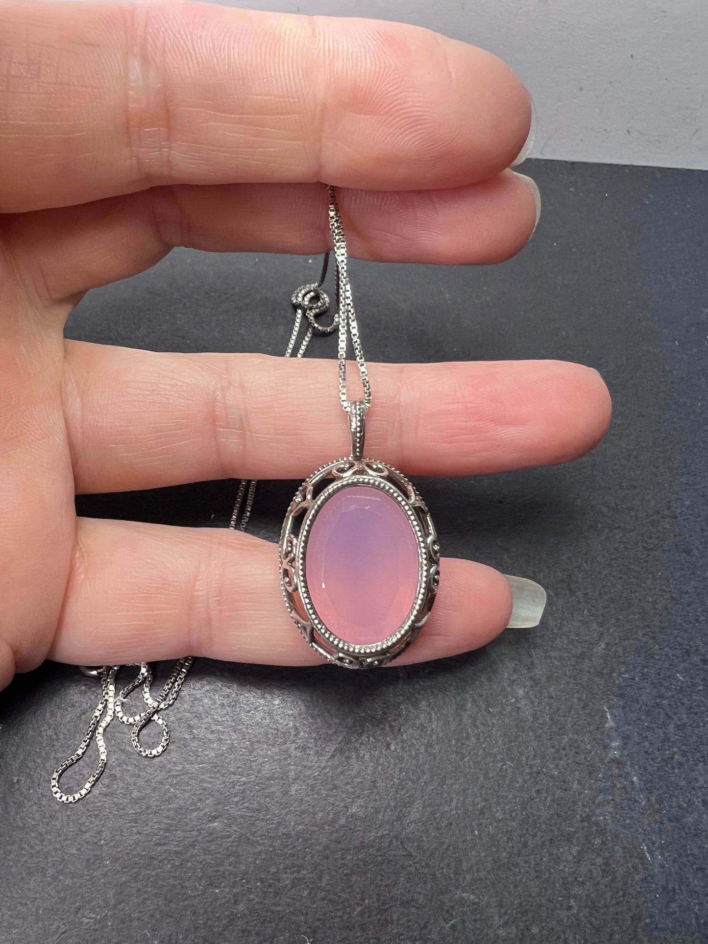 Pink chalcedony sterling silver pendant and 18 inch chain Becky